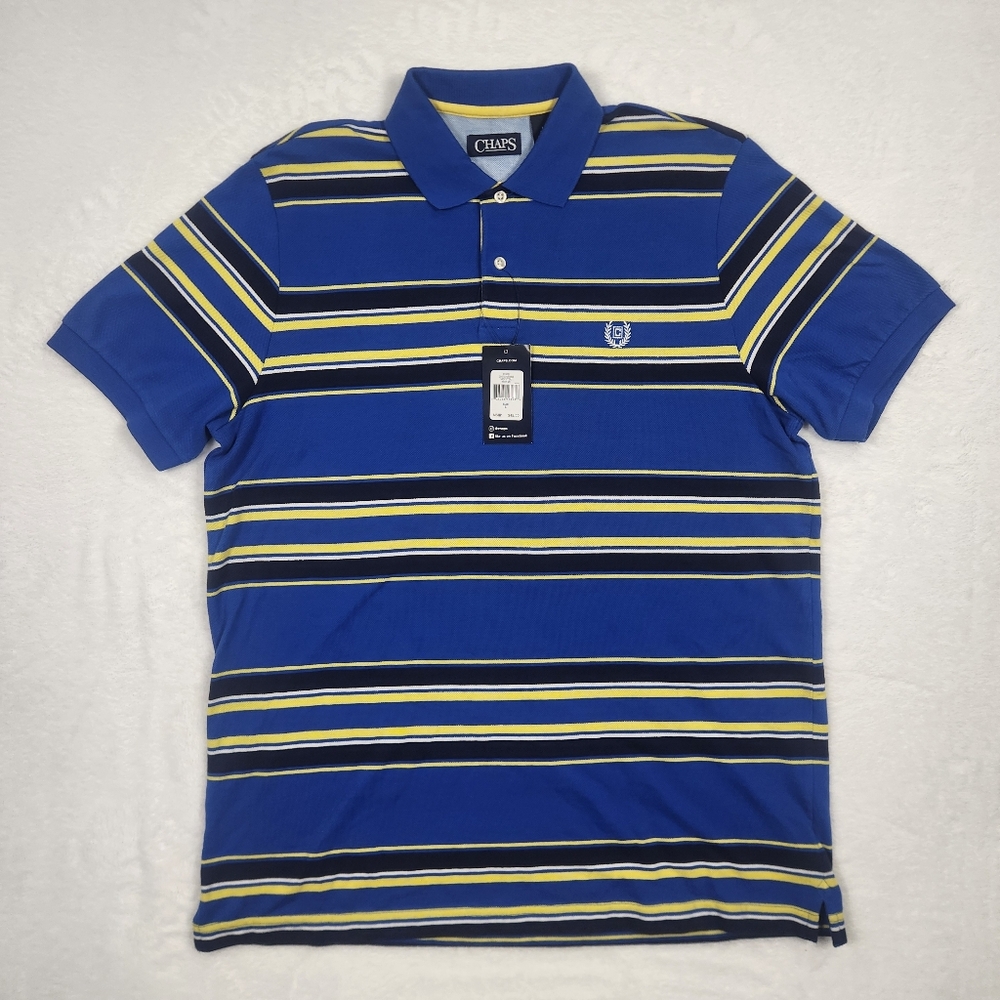 Chaps Striped Polo Shirt Mens Blue Yellow - Size Large 100% Cotton
